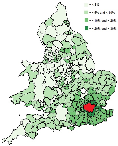 % of Migrants into london